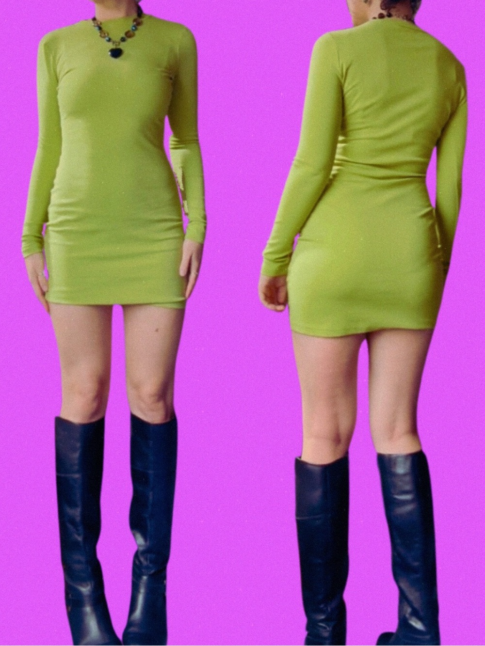 All The Ways Long-Sleeve Lime Green Mock Neck Mini Dress
